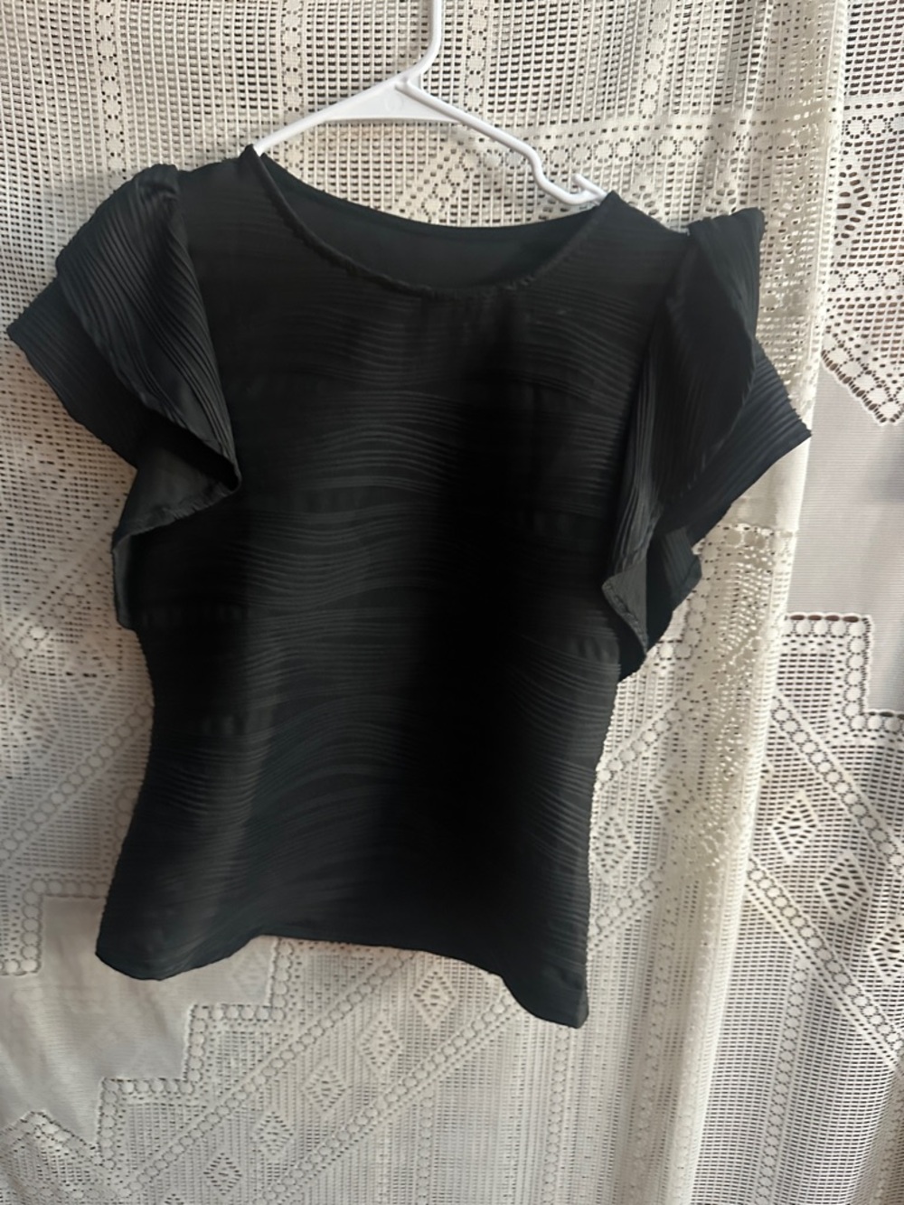 Black Pleated Flutter Sleeve Blouse for Women